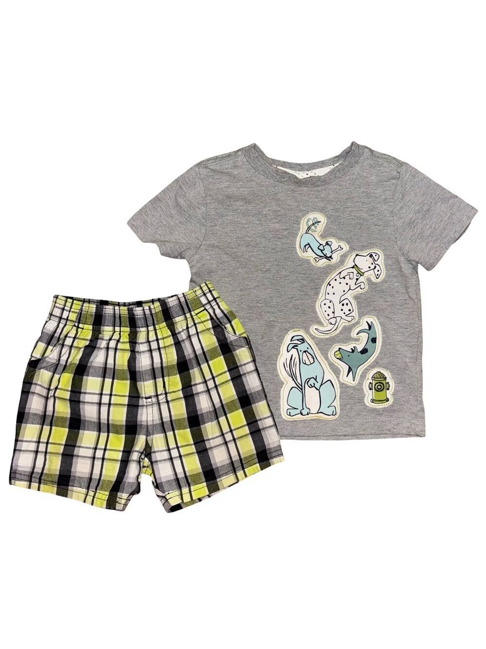 Gray Tee w/ Fun Dog Design and Plaid Shorts Spring Summer Set